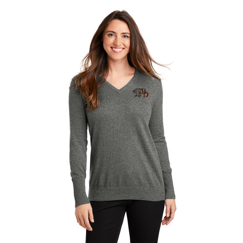 Brentsville Embroidered TIGER-BD Ladies V-Neck Sweater - Charcoal Heather