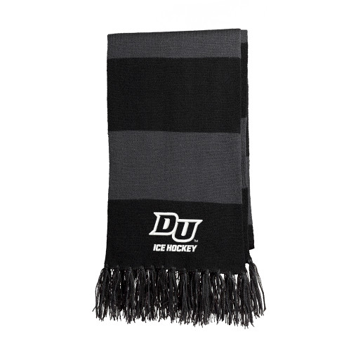 Drury Hockey Embroidered DU ICE HOCKEY Striped Fringe Scarf - Iron Grey / Black