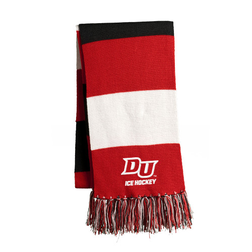 Drury Hockey Embroidered DU ICE HOCKEY Striped Fringe Scarf - True Red / White / Black