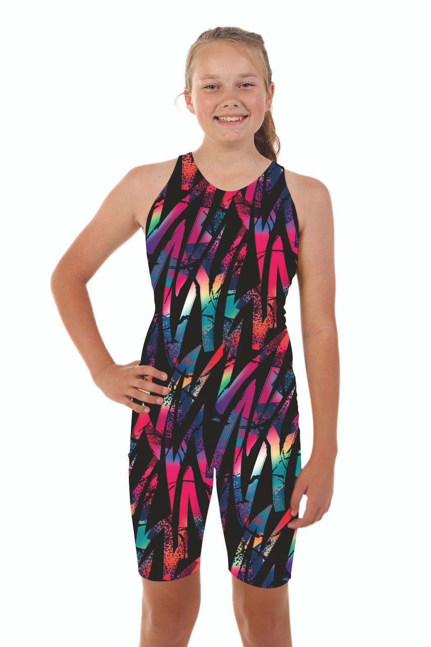 Girls Knee Length Edgy One Piece Chlorine Resistant Swimsuit