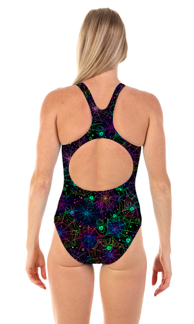 Ladies Sport Back Neon Spiders One Piece Chlorine Resistant Swimsuit - Back