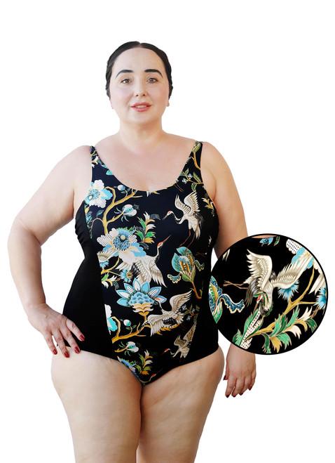 Shelf Bra Cranes One Piece Plus Size Chlorine Resistant Swimsuit - Front