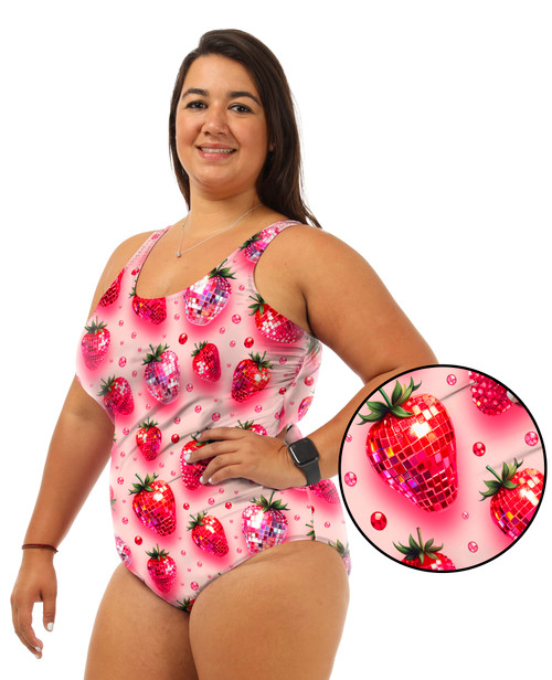 Shelf Bra Disco Strawberries One Piece Plus Size Chlorine Resistant Swimsuit - Side