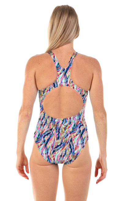 Ladies Sport Back Brushstroke One Piece Chlorine Resistant Swimsuit - Back