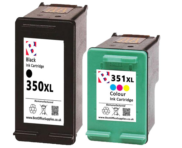 HP 350 XL & HP 351 XL Remanufactured Ink Cartridges Multipack- High Capacity Black & Tri-Colour Ink Cartridges - Compatible For  (CB336EE, CB338EE, HP 350XL, HP 351XL)