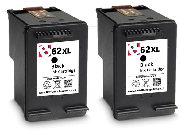 HP 62 XL Remanufactured Ink Cartridges Twin Pack - High Capacity Black Twin Pack Ink Cartridge - Compatible For  (C2P05AE, C2P05A, HP 62XL, HP62XL)