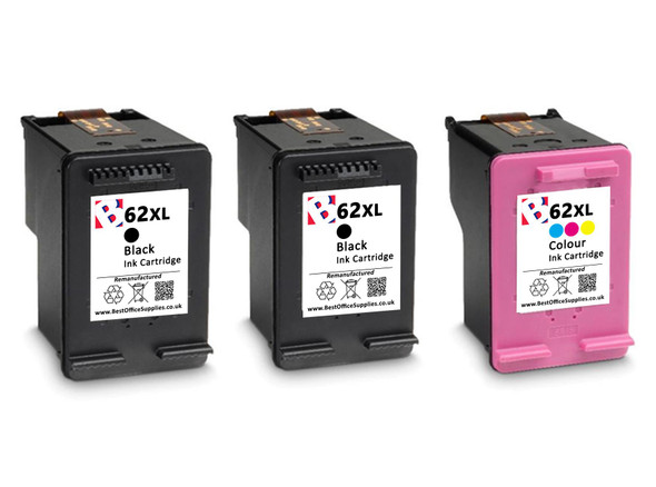HP 62 XL Remanufactured Ink Cartridges 3-Pack- High Capacity Black & Tri-Colour 3-Pack Ink Cartridges - Compatible For  (C2P05AE, C2P07AE, HP 62XL, 62XL)