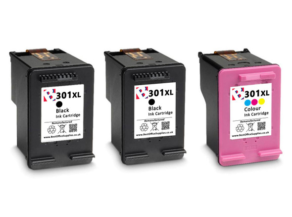 HP 301 XL Remanufactured Ink Cartridges 3-Pack- High Capacity Black & Tri-Colour 3-Pack Ink Cartridges - Compatible For  (CH563EE, CH564EE, HP 301XL, 301XL)