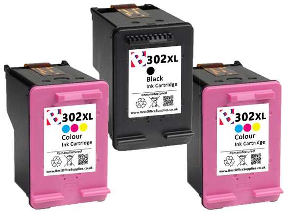 HP 302 XL Remanufactured Ink Cartridges  - High Capacity Black & Tri-Colour 3-Pack Ink Cartridges - Compatible For  (F6U68AE, F6U67AE, HP 302XL, 302XL)