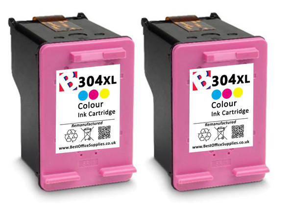 2 x HP 304 XL Remanufactured Ink Cartridge - High Capacity Tri-Colour Ink Cartridge - Compatible For  (N9K07AE, HP 304XL)