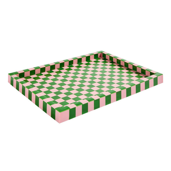 Serving Tray Pink Green Checkered Resin Coffee Table Drinks Food Habitat 40.5cm