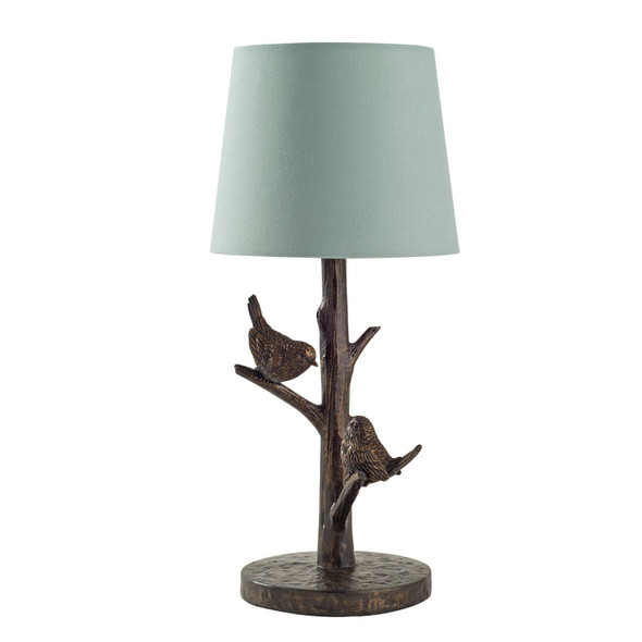 Argos catalogue image 1 of 12: Bird Table Lamp Base Habitat Moorlands Brown Decorative Wren No Shade. Manufacturer image shows the complete lamp. Actual sale excludes the lampshade.