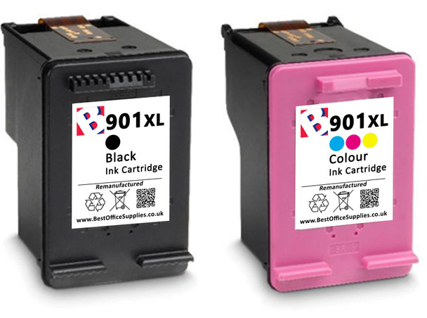 HP 901 XL Remanufactured Ink Cartridges Multipack- High Capacity Black & Tri-Colour Ink Cartridges - Compatible For  (SD519AE, HP 901XL, HP 901)
