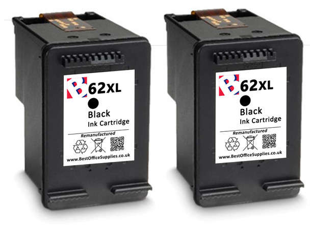 HP 62 XL Remanufactured Ink Cartridges Twin Pack - High Capacity Black Twin Pack Ink Cartridge - Compatible For  (C2P05AE, C2P05A, HP 62XL, HP62XL)