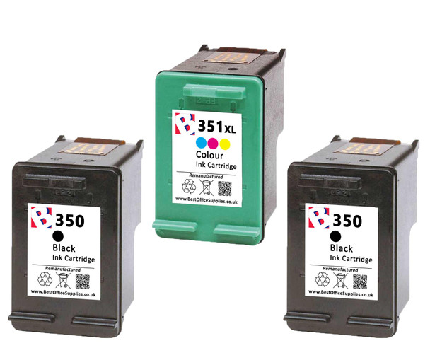 HP 350 & HP 351 XL Remanufactured Ink Cartridges 3-Pack - High Capacity Black & Tri-Colour 3-Pack Ink Cartridges - Compatible For  (SD412EE, HP 350, HP 351, CB335EE, CB337EE)