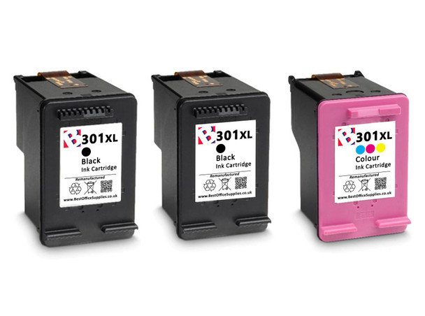 HP 301 XL Remanufactured Ink Cartridges 3-Pack- High Capacity Black & Tri-Colour 3-Pack Ink Cartridges - Compatible For  (CH563EE, CH564EE, HP 301XL, 301XL)