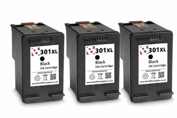HP 301 XL Remanufactured Ink Cartridges 3 Pack - High Capacity Black 3 Pack Ink Cartridges - Compatible For  (CH563EE, HP 301XL, CH563E)