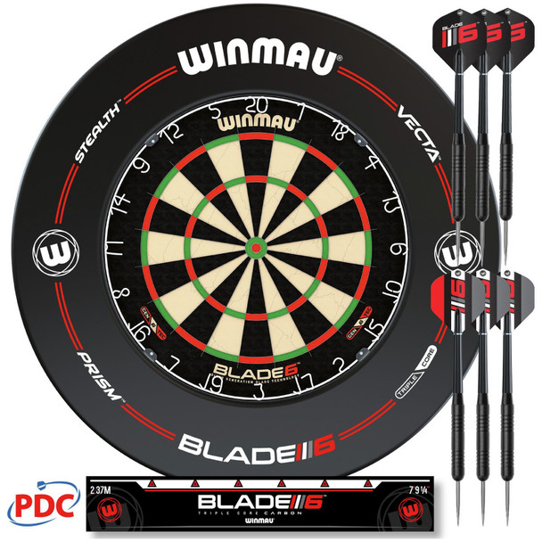 Winmau Blade 6 Professional Dartboard Surround And Darts Set Bristle Board 19g Steel Tip Darts Oche Line Home Pub Club Pro Setup 