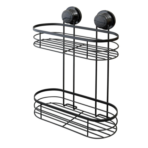 Shower Caddy 2 Tier Suction Cup Black No Drill Bathroom Storage Basket 38x28cm