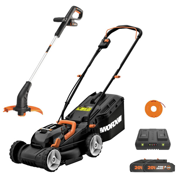 Cordless Lawnmower Grass Trimmer Set 34cm 40V 2 Batteries Charger WORX WG927E