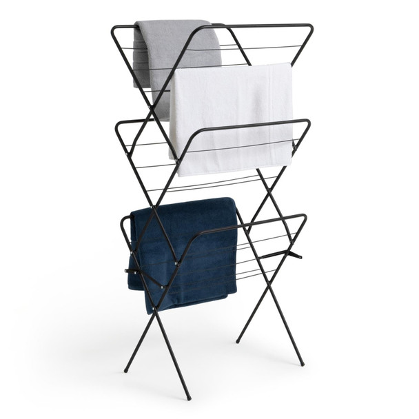 Clothes Airer 14m 3 Tier Indoor Folding Laundry Dryer Black Steel Habitat