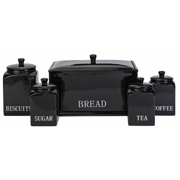 Ceramic Kitchen Storage Set 3 Piece Black Bistro Collection. Catalogue 5-piece photo; actual stock listing supplies 3 pieces only.