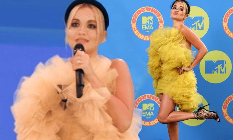 Rita Ora Shining in Yellow Ruffles Mini Prom Dress on MTV EMAs