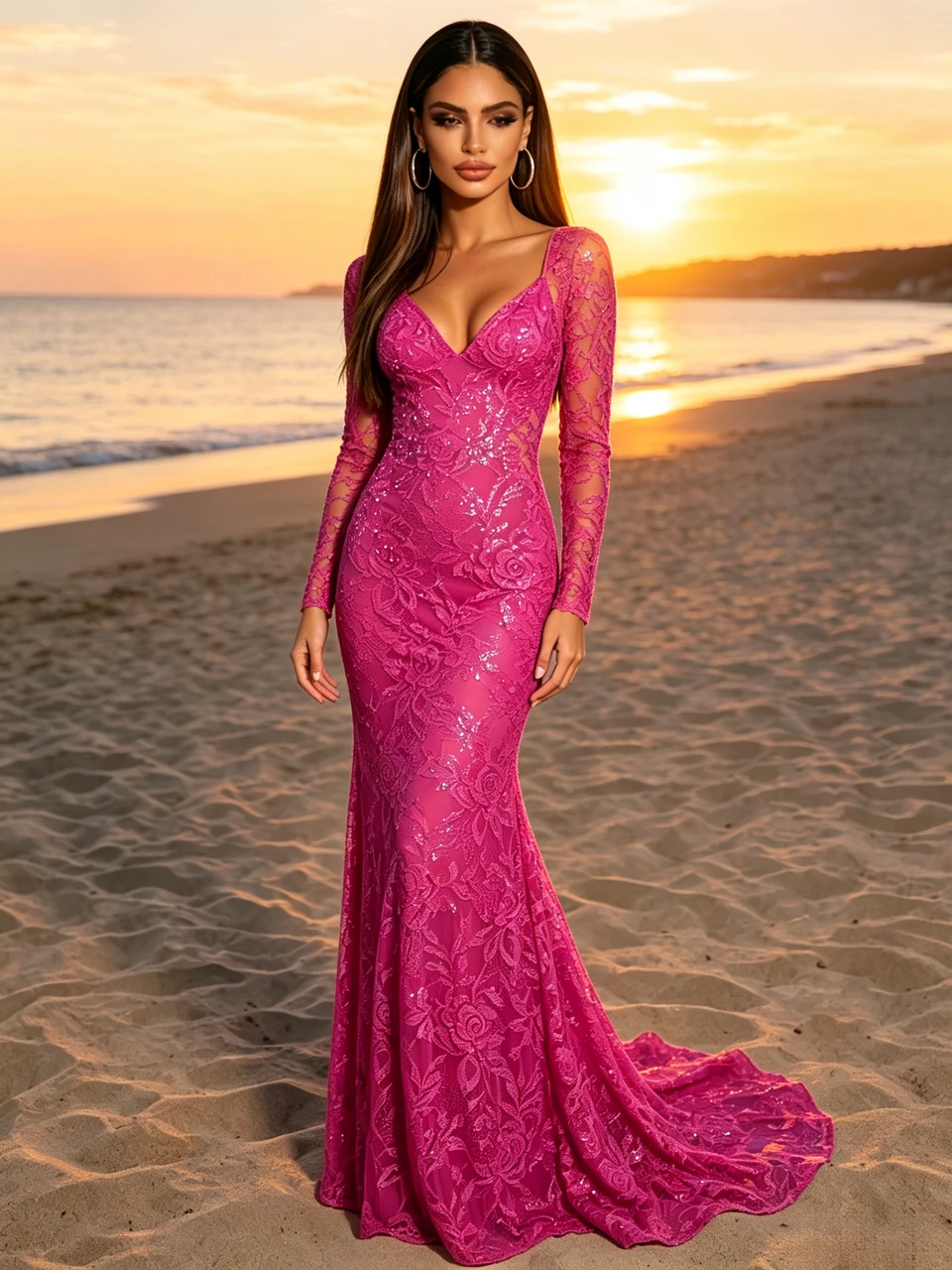 ANNAKOO fuchsia long sleeve lace trumpet mermaid prom dress in a vivid pink shade