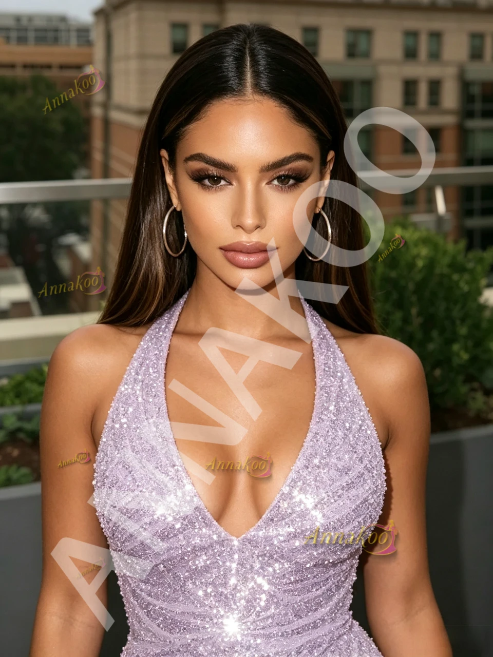Additional view of the lavender sequin V-neck sheath column prom dress by ANNAKOO