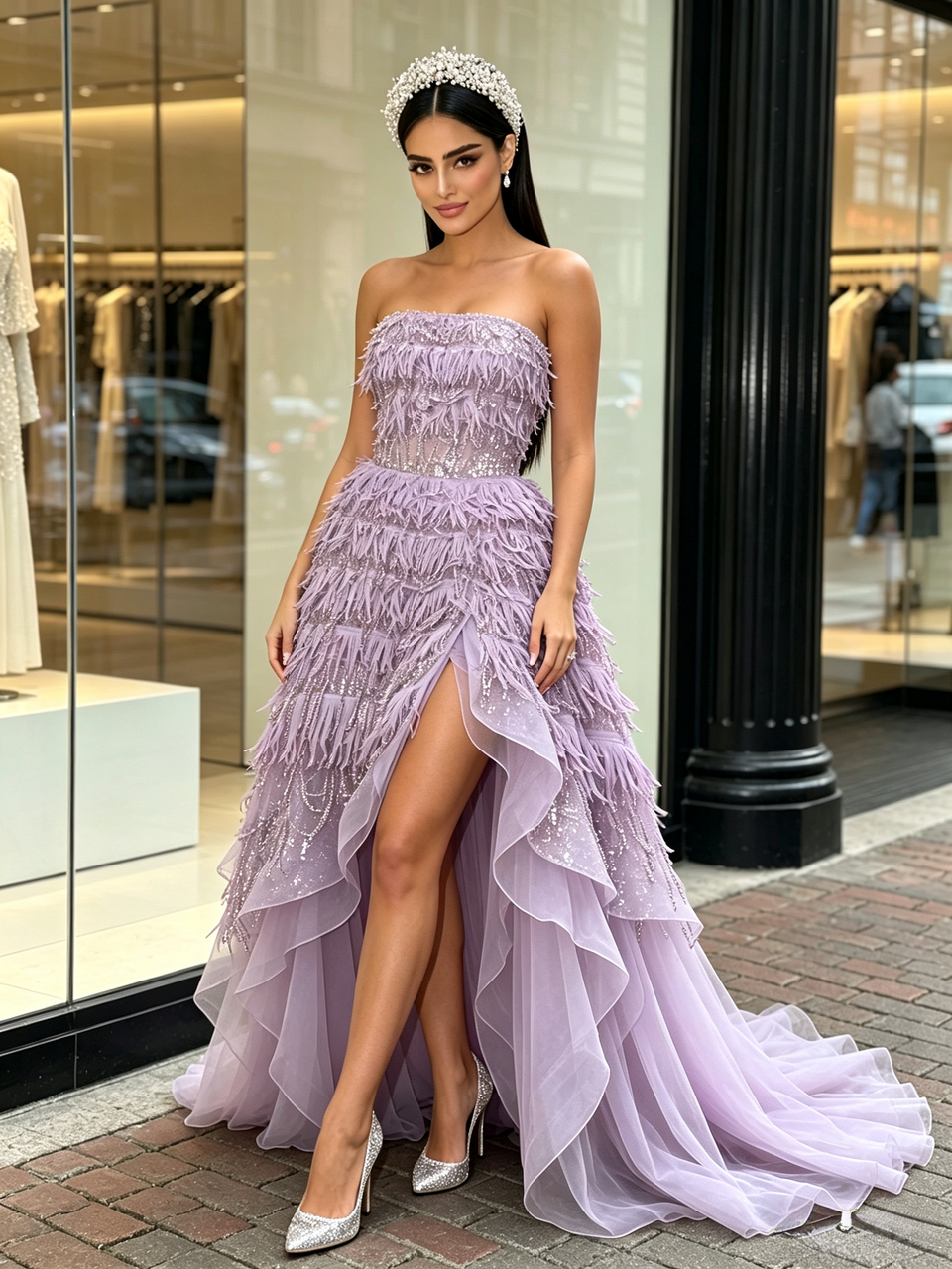 ANNAKOO strapless lavender prom dress with tulle layers, sequin details, cascading ruffles and a floor-length A-line skirt