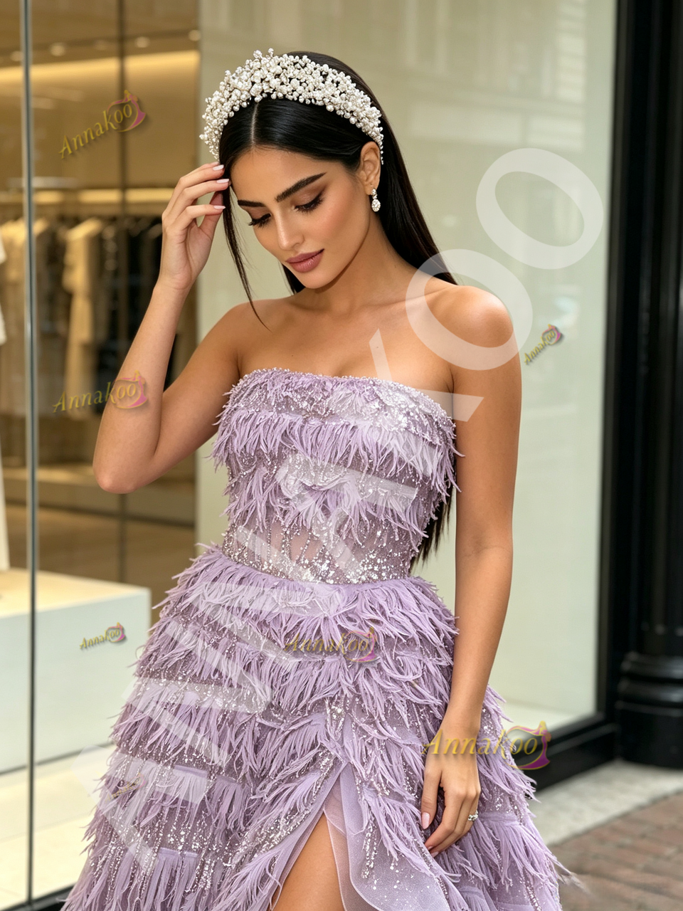 Second view of the ANNAKOO lavender strapless sequin and ruffle tulle prom dress