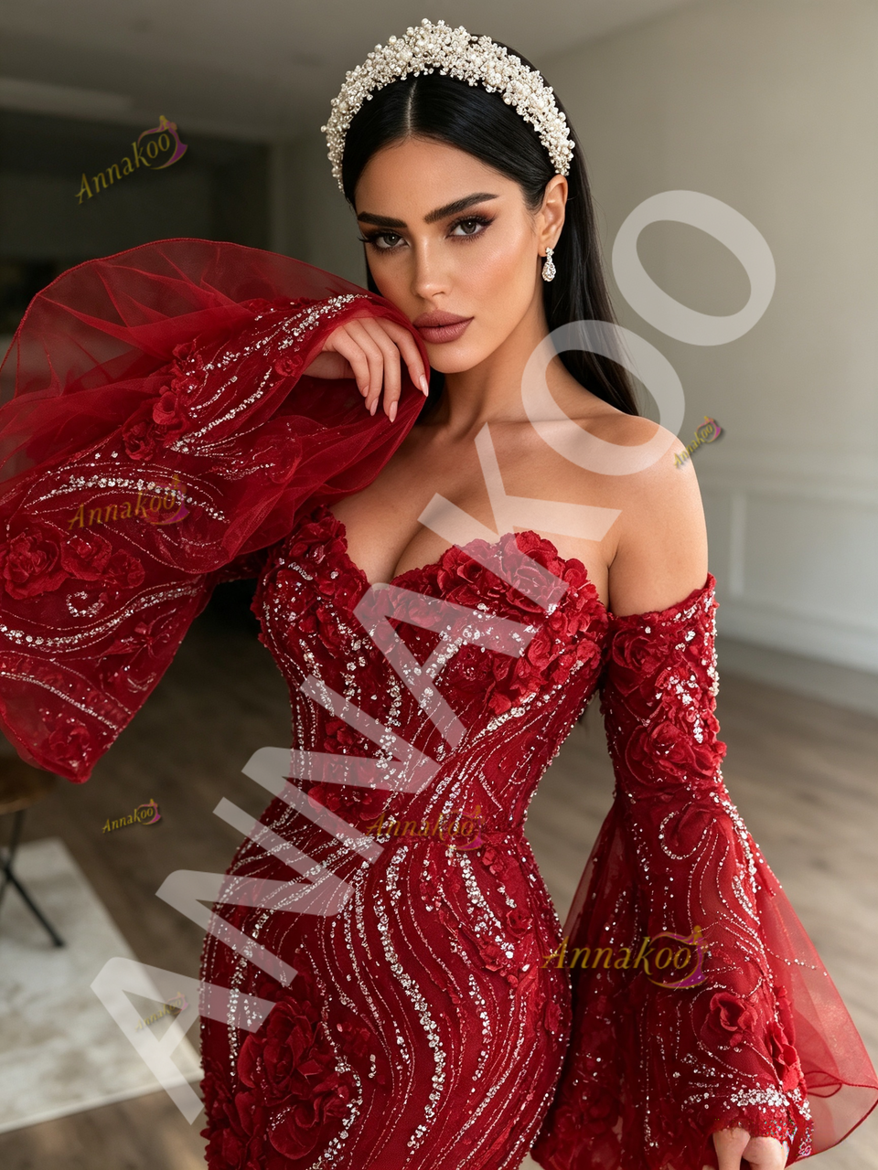 ANNAKOO burgundy 3D floral sequin mermaid prom dress with long sleeves