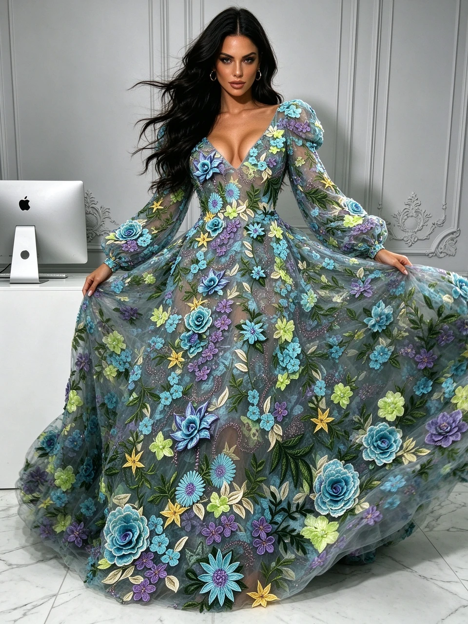Green V-neck backless long sleeve A-line floral lace prom dress by ANNAKOO