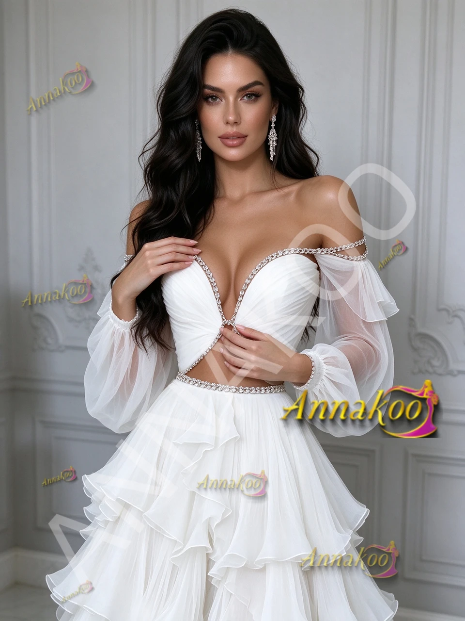 Detail view of ANNAKOO white prom gown featuring off shoulder styling, beaded bodice, waist cutouts and ruffled tulle