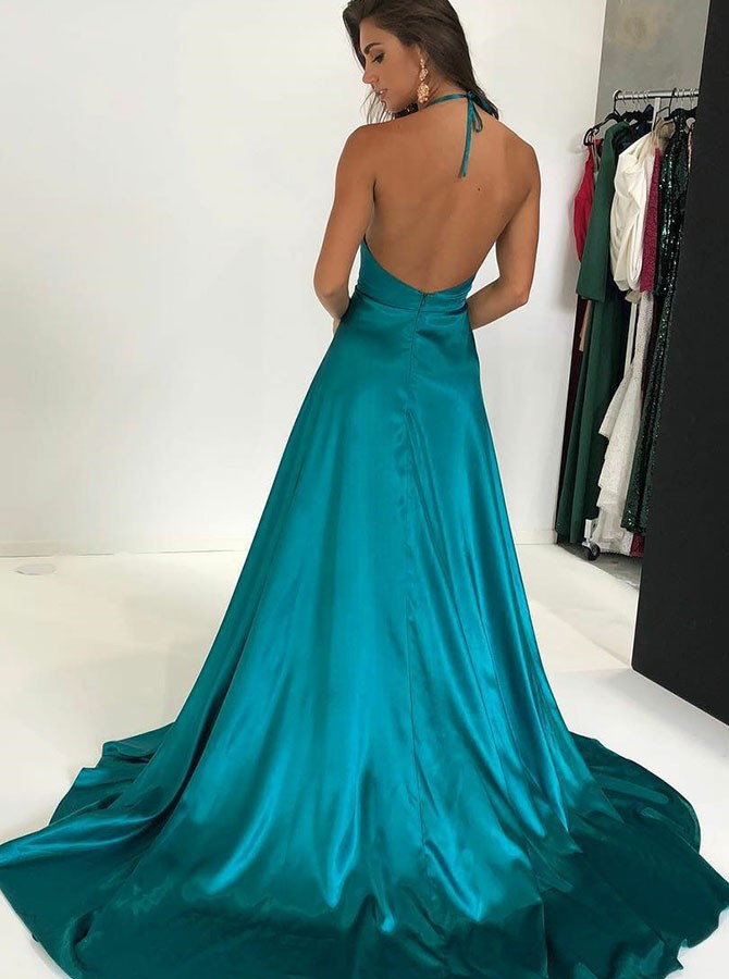 Sexy Split Turquoise A-Line Halter Elastic Satin Prom Dress