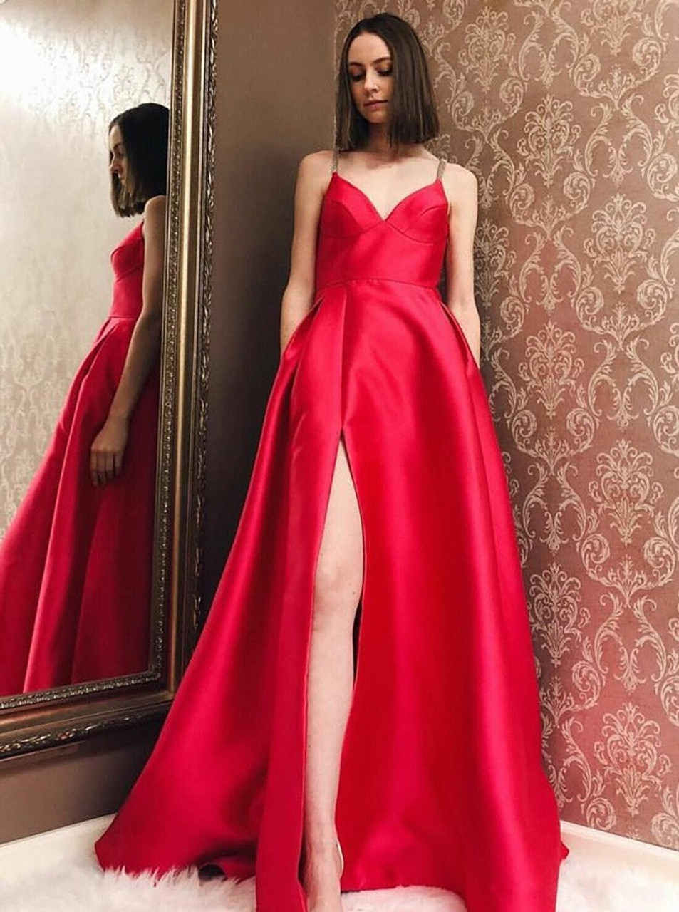 red v neck prom dress