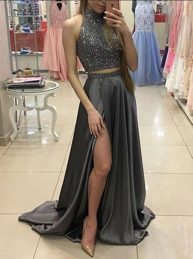 slim fit dress slacks Macloth Women Mermaid Two Piece High Neck Taffeta Long Prom Dress Formal Gown Multicolor / Above Knee / Custom Size