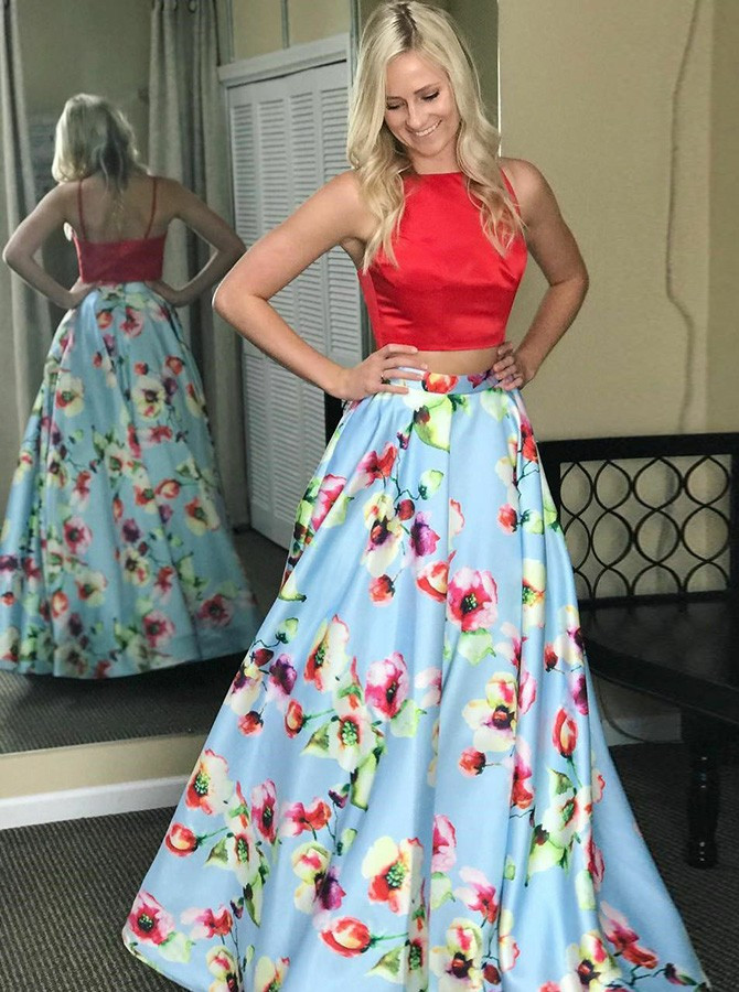blue floral 2 piece prom dress Zapaka Women White Blue Flower Prom Dress A Line Strapless Sweetheart Tiered Floral Printed Long Evening Dress, White Blue Flower / US10