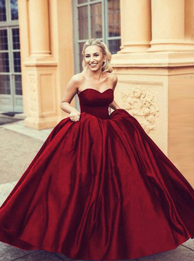 Ball Gown Sweetheart Long Cheap Burgundy Satin Prom Dress
