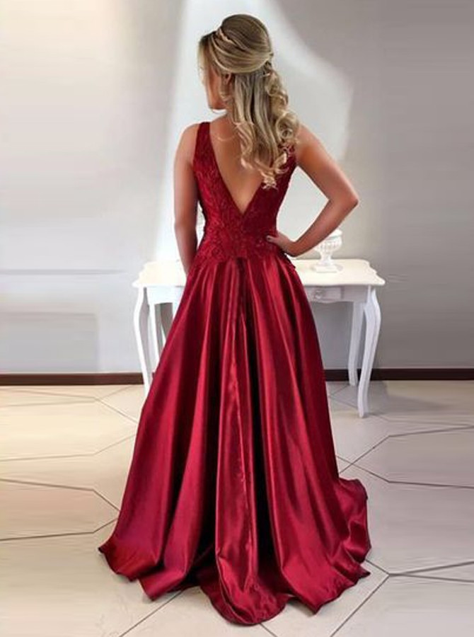 A-Line Lace Appliques Burgundy V-Back Maroon Satin Prom Dress