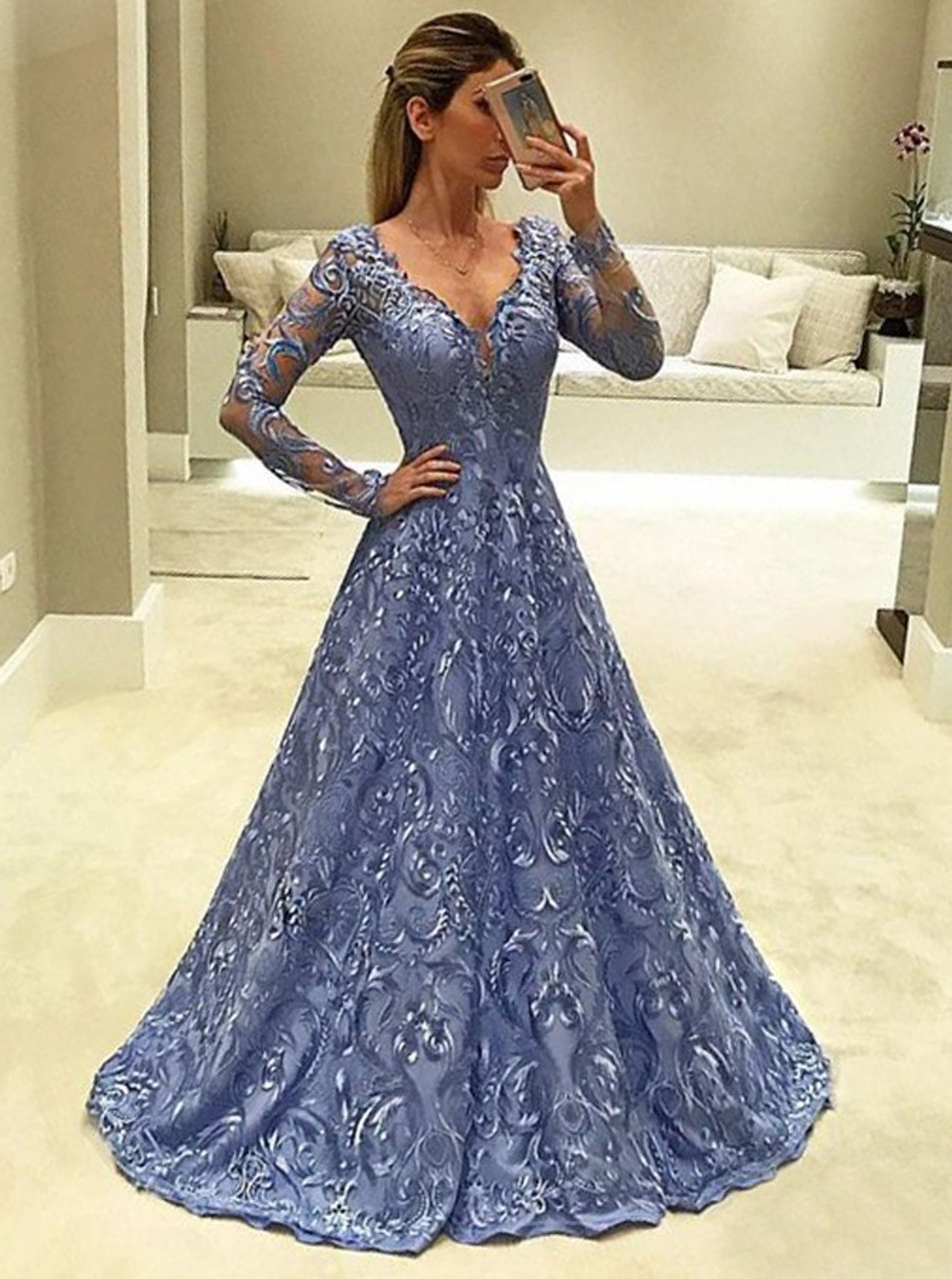 Long Sleeves Sky Blue Long Prom Dresses, Light Blue Long Sleeves Flora –  jbydress