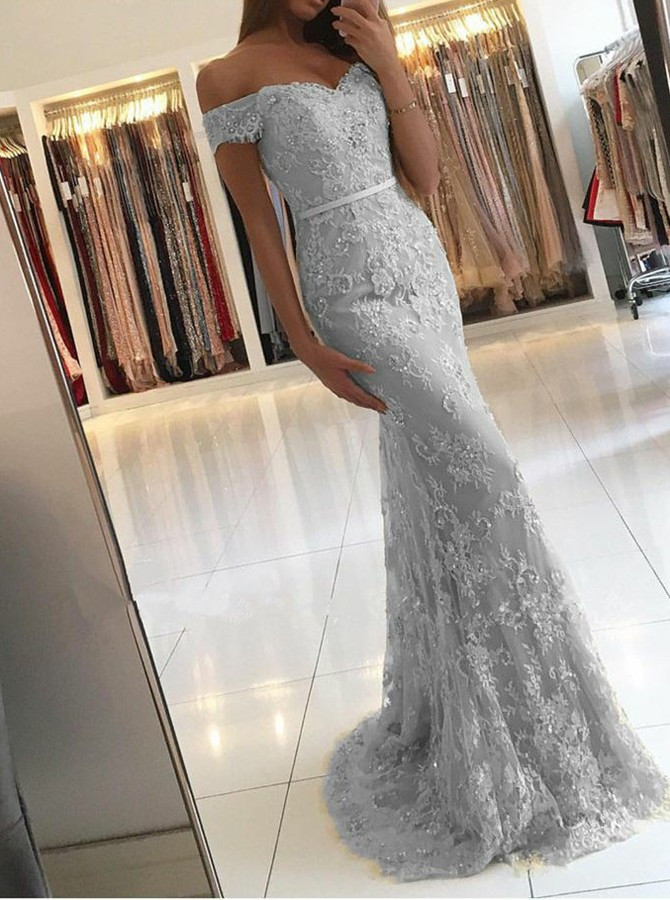 Appliques Light Gray Lace Mermaid Off-the-Shoulder Prom Dress