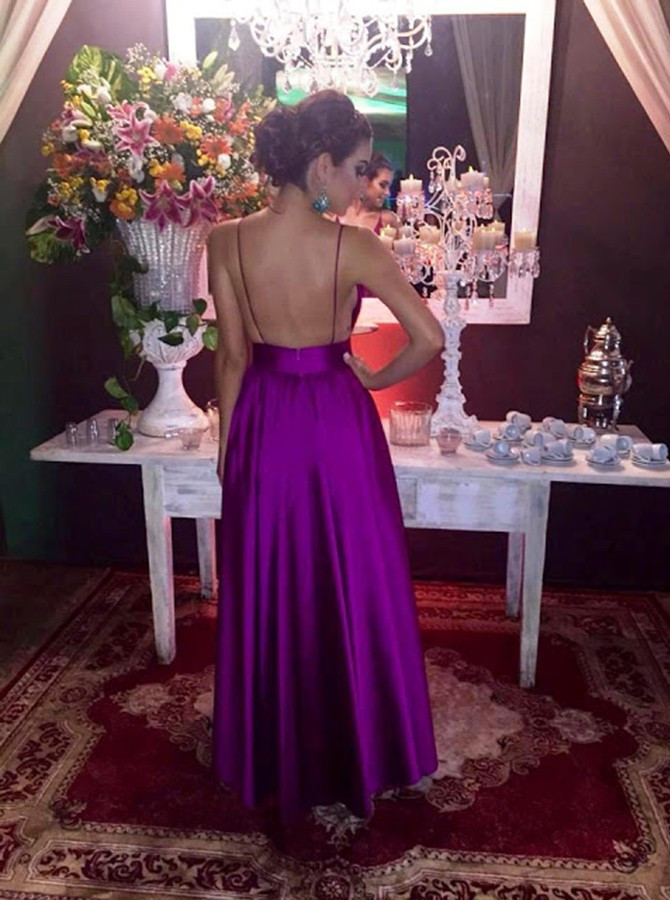 A Line Deep V Neck Purple Backless Stretch Satin Prom Dress