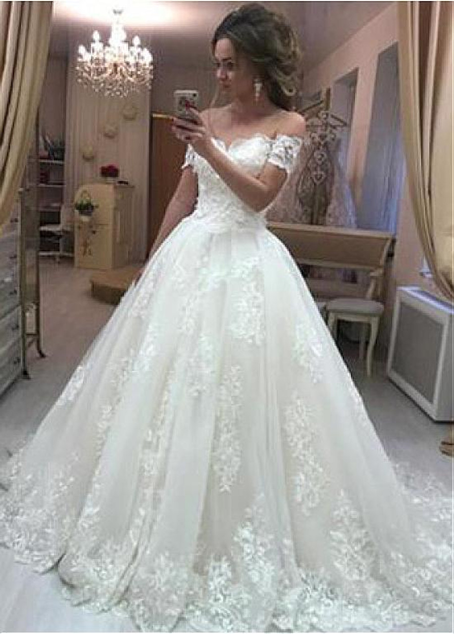 off the shoulder applique wedding dress