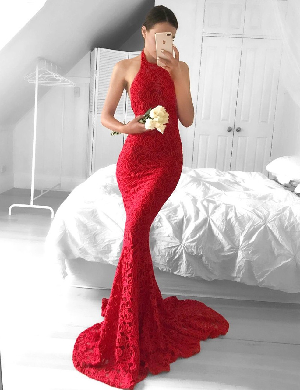 Mermaid Strapless Long Backless Red Lace Prom Dress