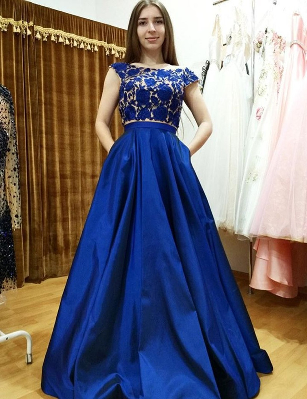 royal blue evening dress with sleeves