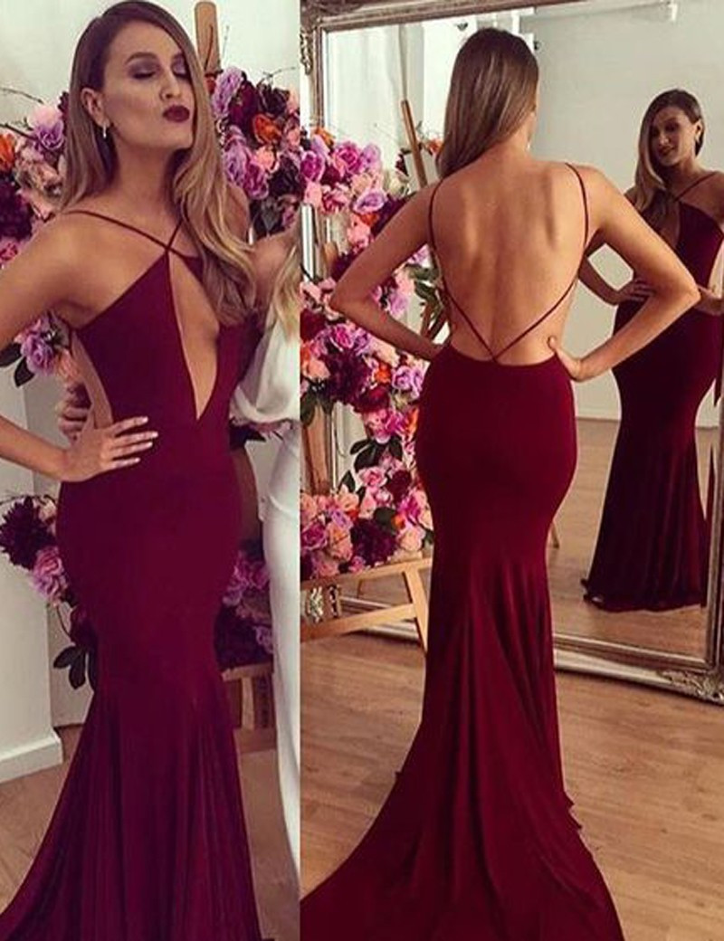 burgundy backless mermaid dress Mermaid Spaghetti Straps Burgundy Lace Backless Prom Dress PG470 US14 / As Picture