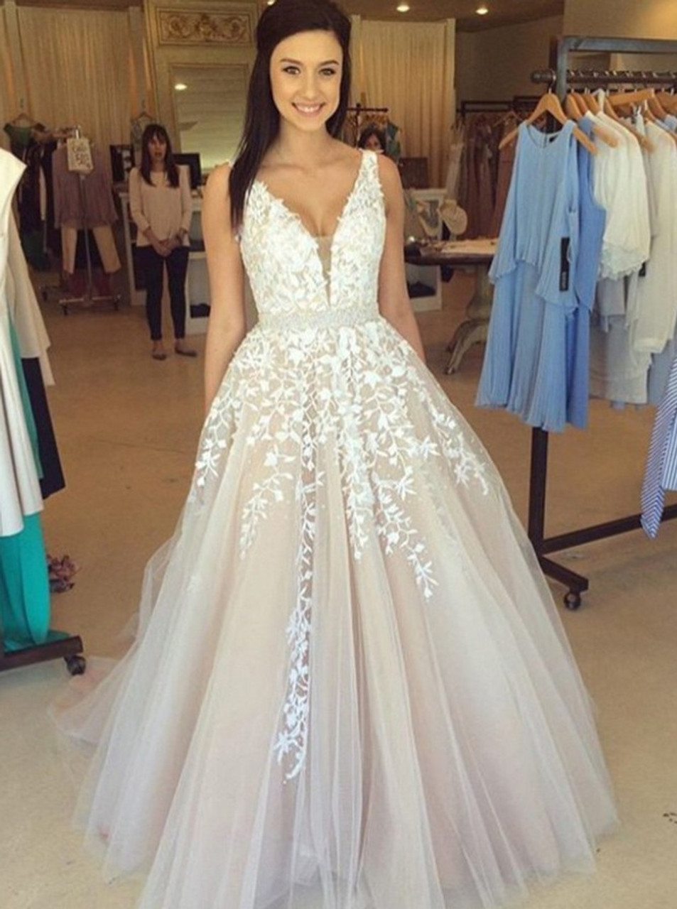Champagne tulle prom dress Clearance
