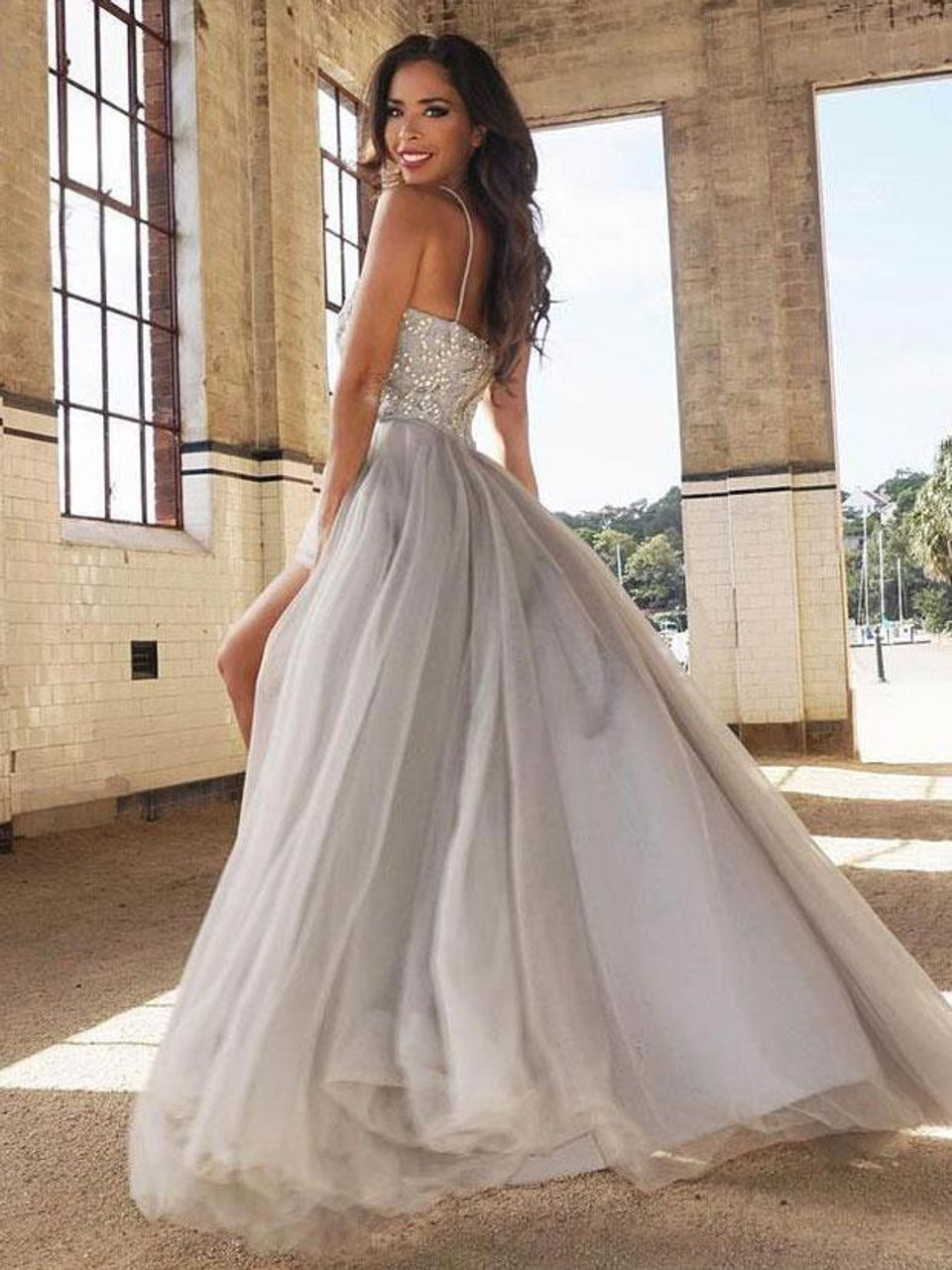 Spaghetti Strap Long Silver Tulle Rhine Stone Bead Prom Dress