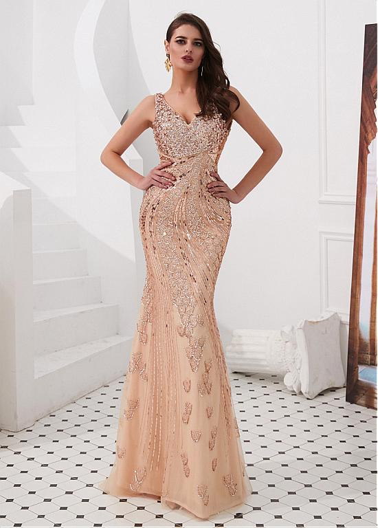 Mermaid Double Straps Sequins Gold Floor-Length Evening Dresses With Slit main image 1